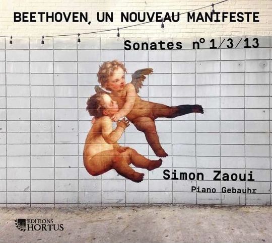 Pochette du disque Beethoven, un nouveau manifeste : deux angelots peints sur un mur de carreaux blancs
