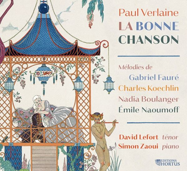 Pochette du disque La Bonne Chanson : un pavillon chinois illustré, deux amoureux sur la terrasse et un faune jouant de la flûte